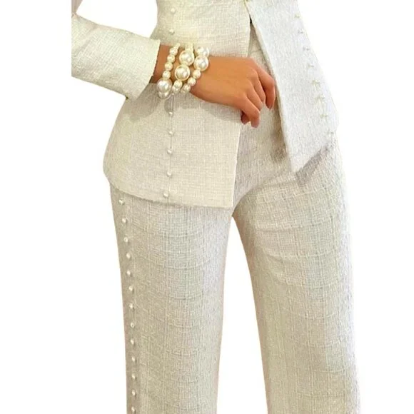 ELEGANT WHITE DRESS PANTS WITH PEARL DETAIL - SIZE M - Picture 2 of 2